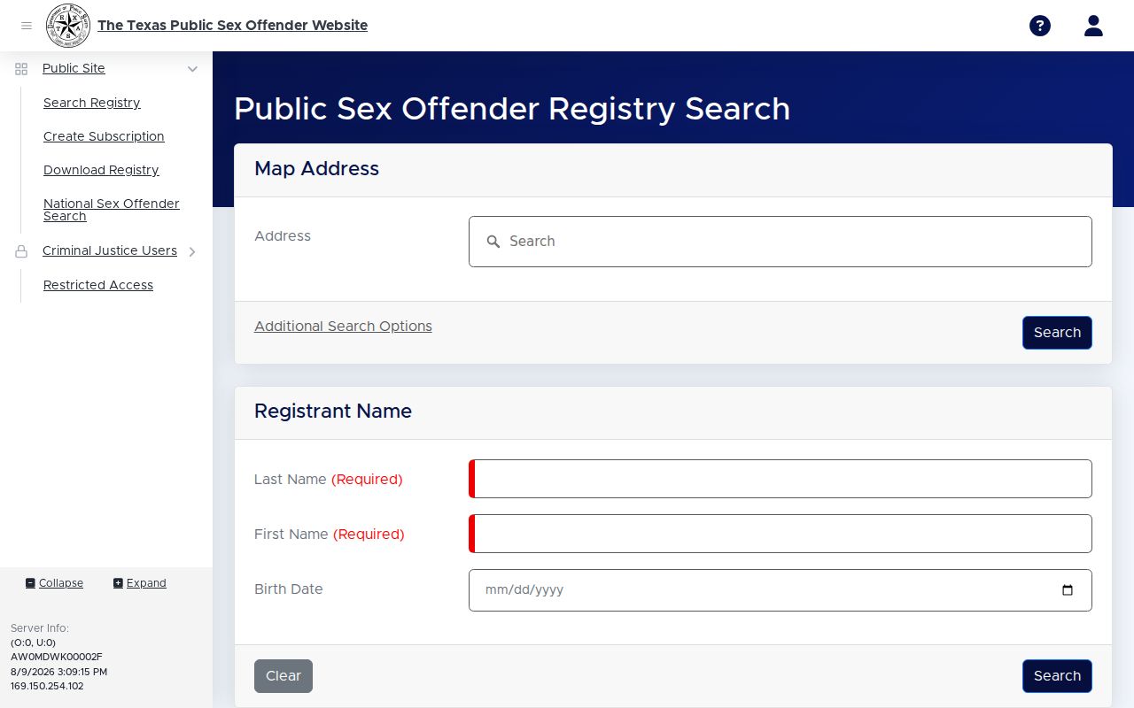 Reagan County sex offender registry name and location search screen